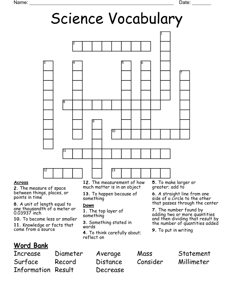 Science Vocabulary Crossword