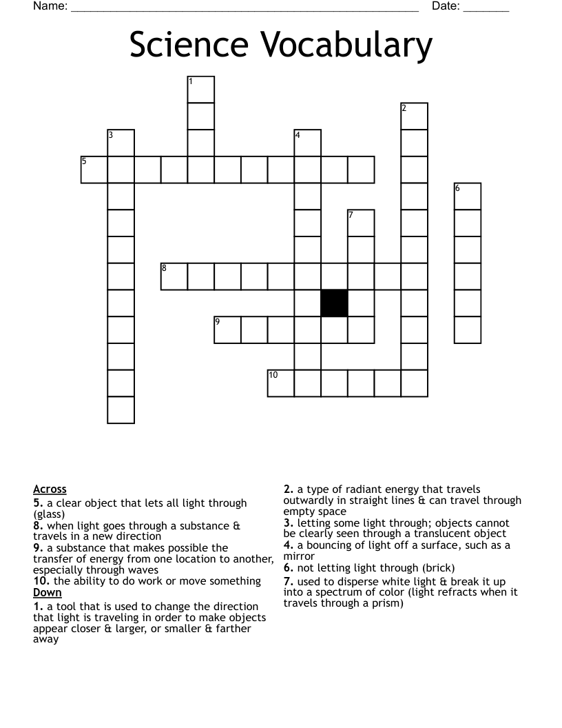 Science Vocabulary Crossword
