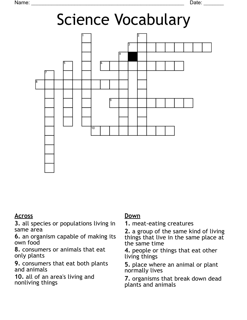 Science Vocabulary Crossword