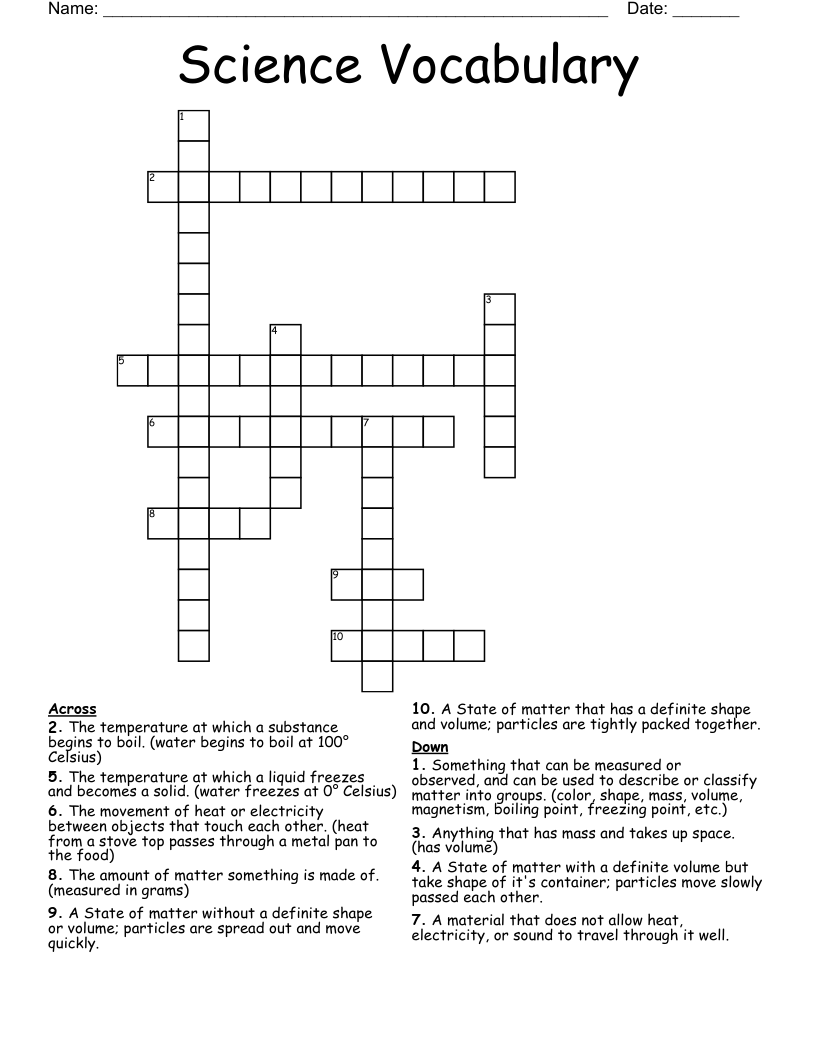 Science Vocabulary Crossword