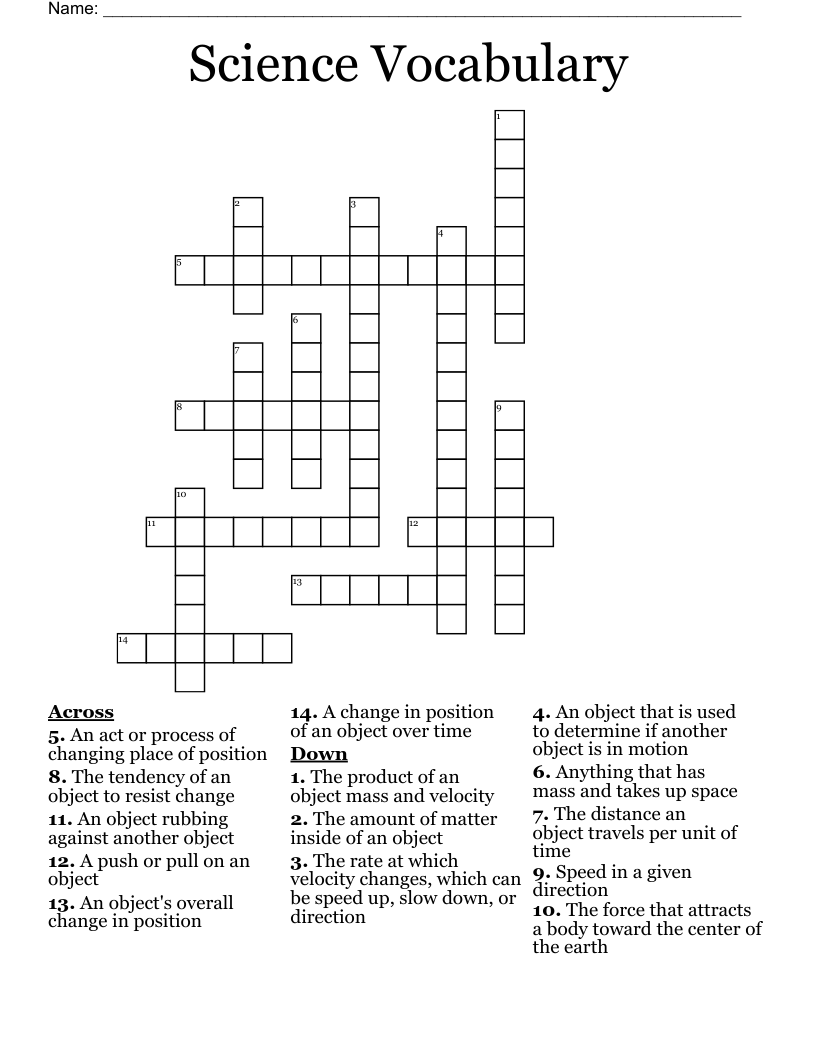 Science Vocabulary Crossword