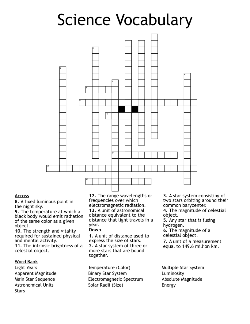 Science Vocabulary Crossword