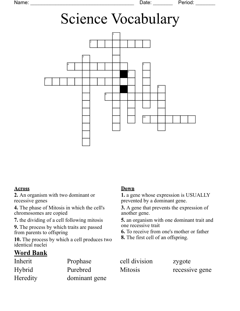 Science Vocabulary Crossword