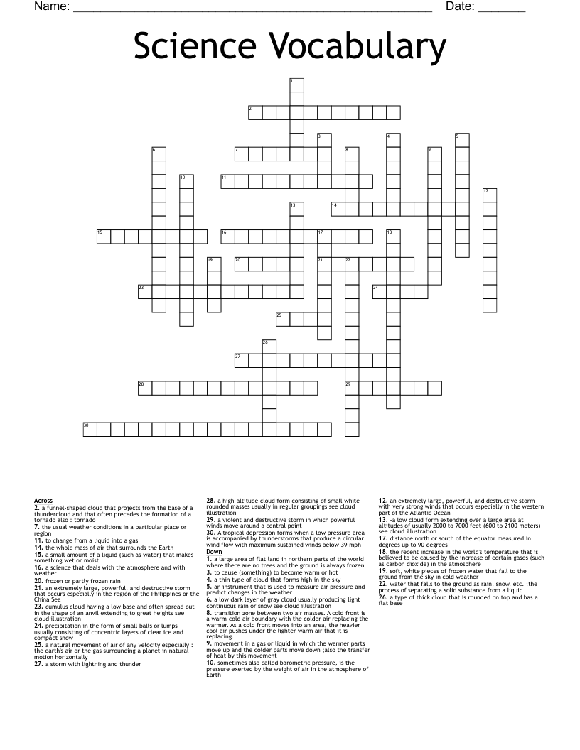 Science Vocabulary Crossword