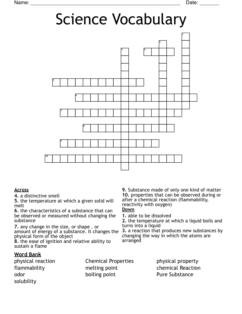 Science Vocabulary Crossword