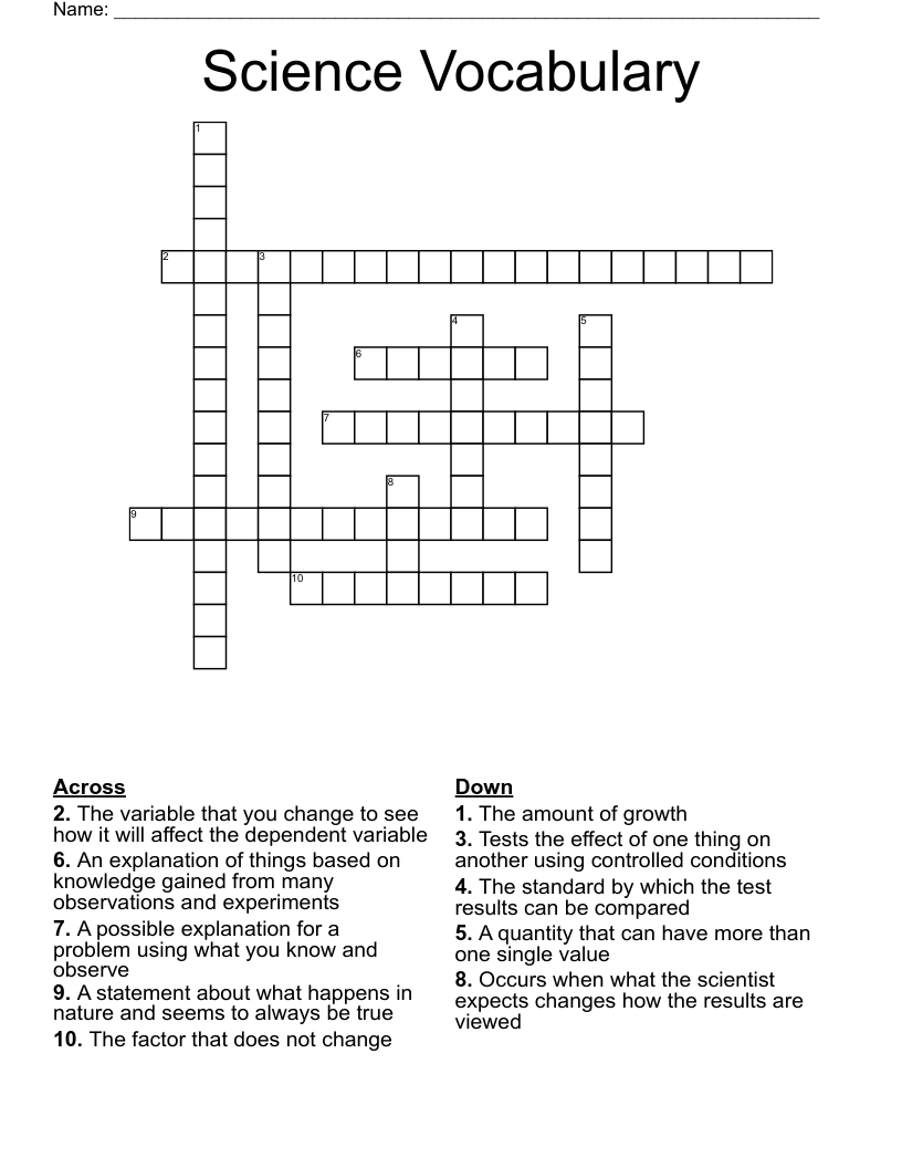 Science Vocabulary Crossword
