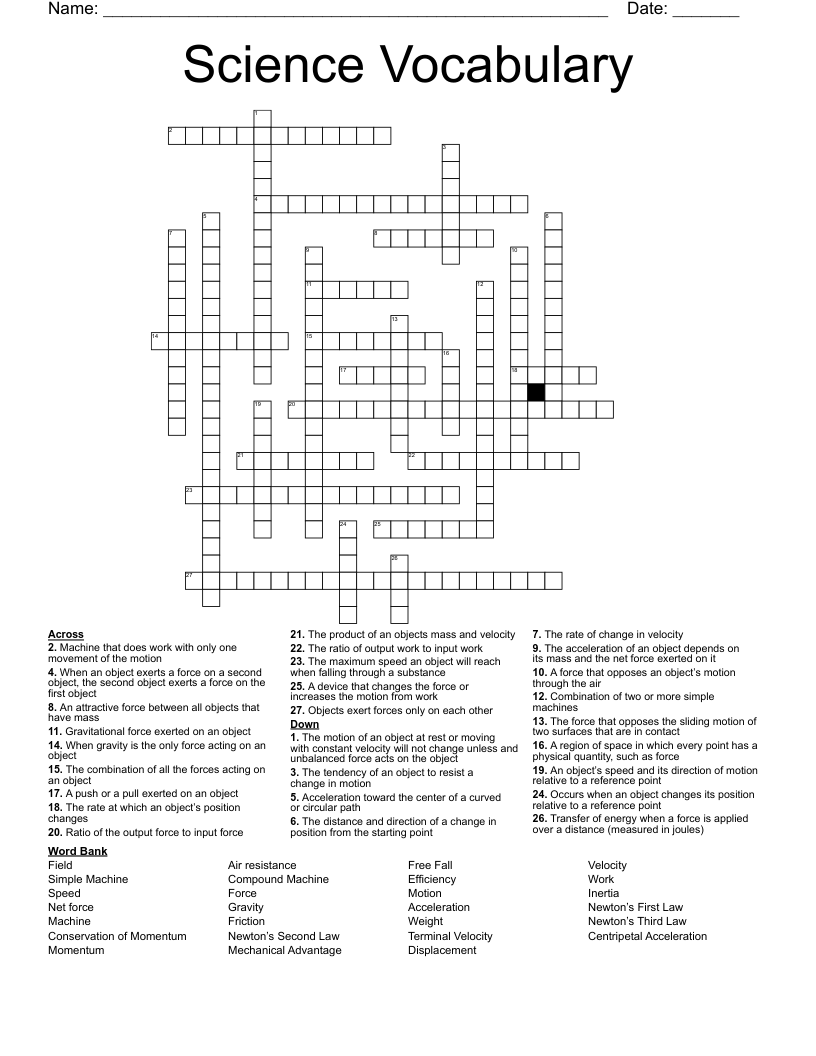 Science Vocabulary Crossword