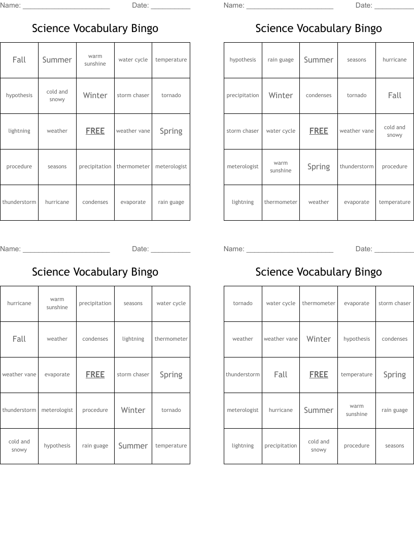 Science Vocabulary Bingo