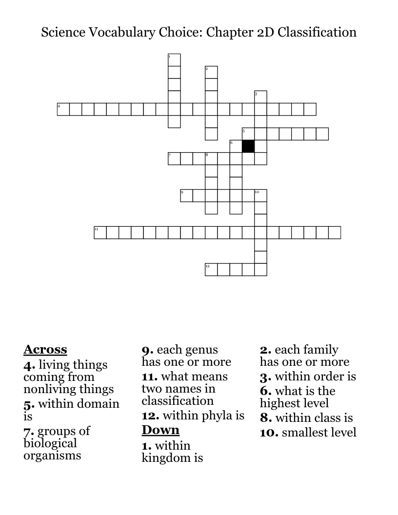 Science Vocabulary Choice: Chapter 2D Classification Crossword