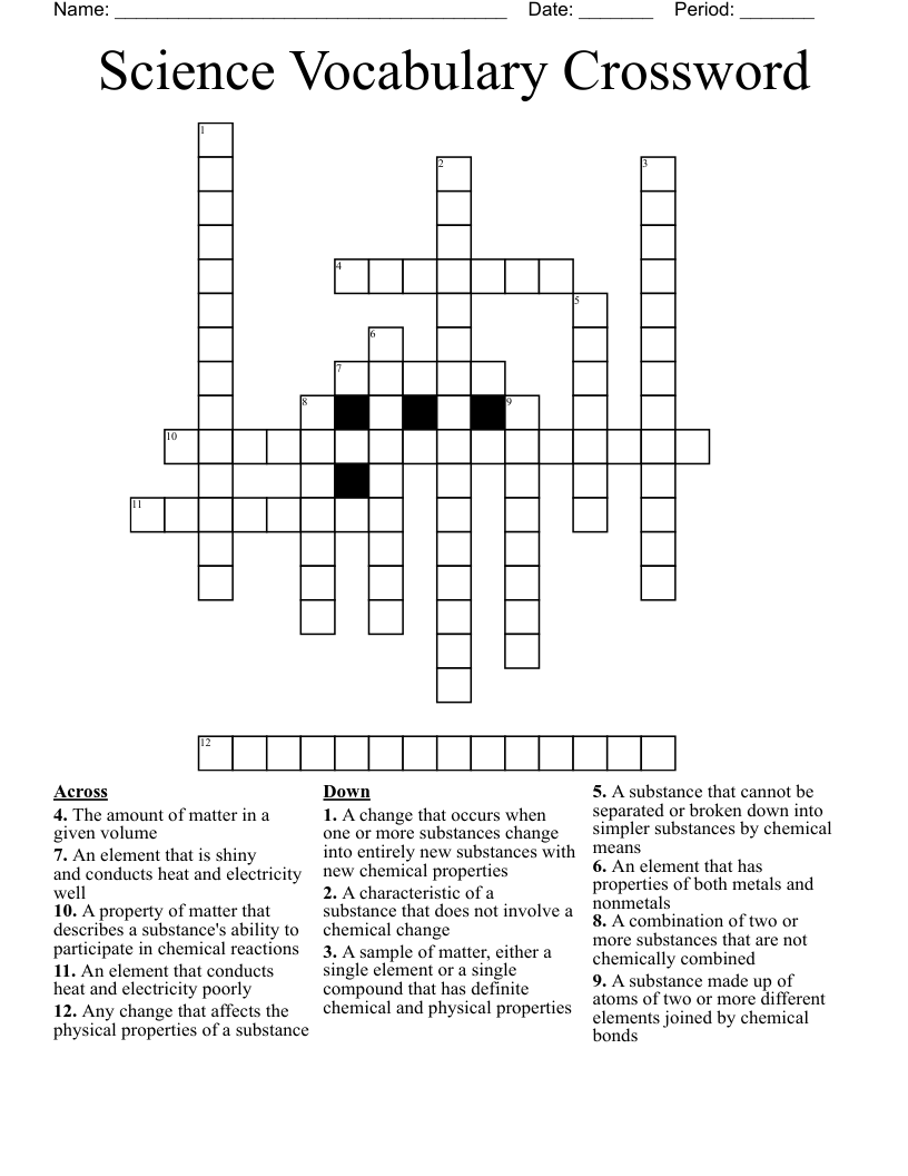 Science Vocabulary Crossword