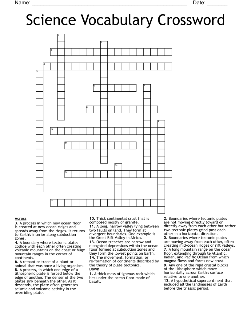 Science Vocabulary Crossword
