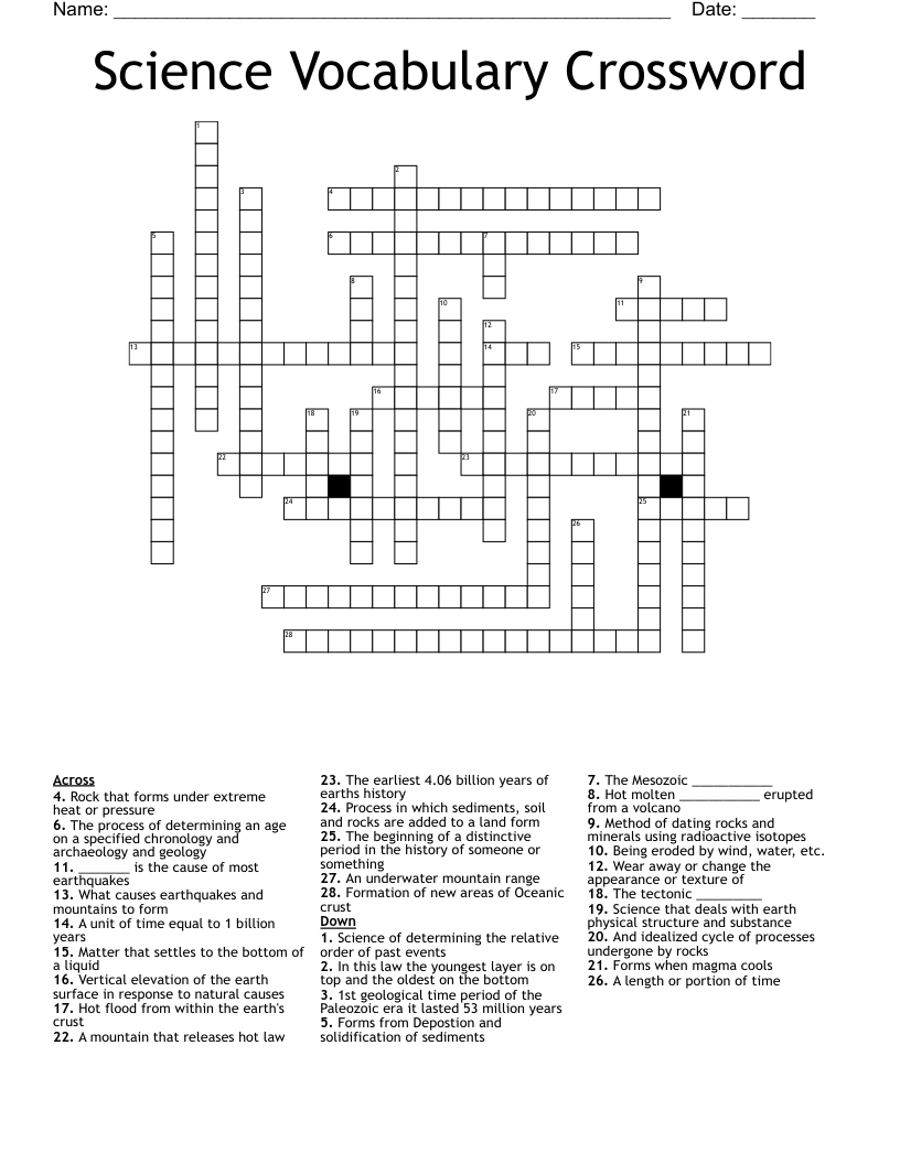 Science Vocabulary Crossword