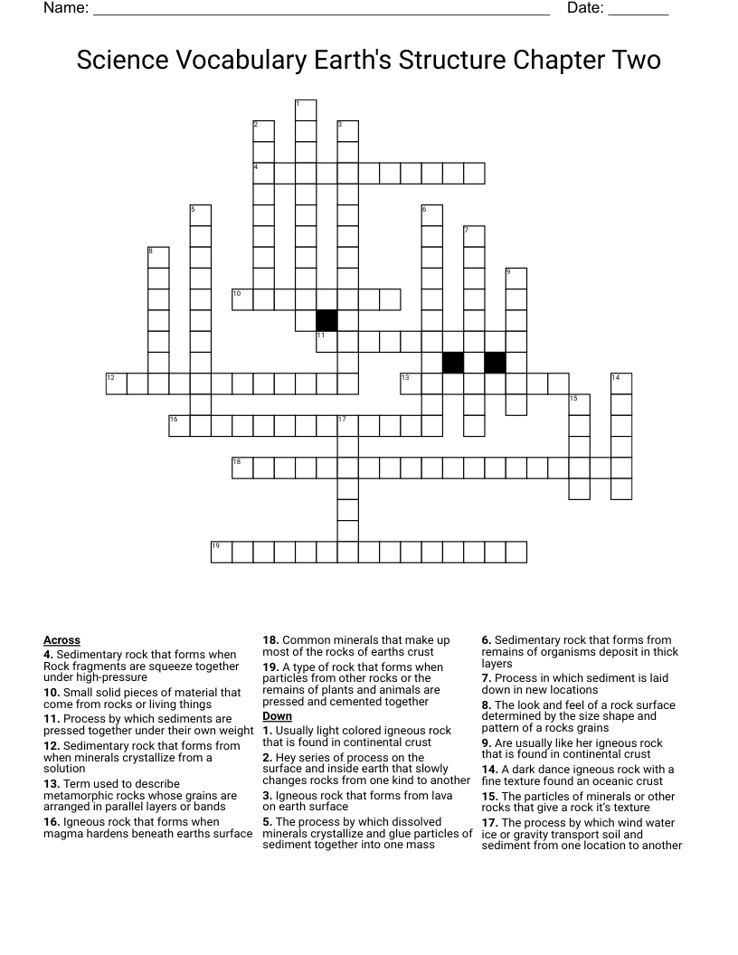 Science Vocabulary Earth's Structure Chapter Two Crossword