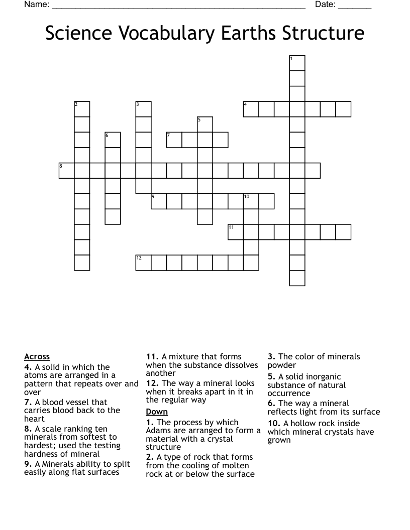 Science Vocabulary Earths Structure  Crossword