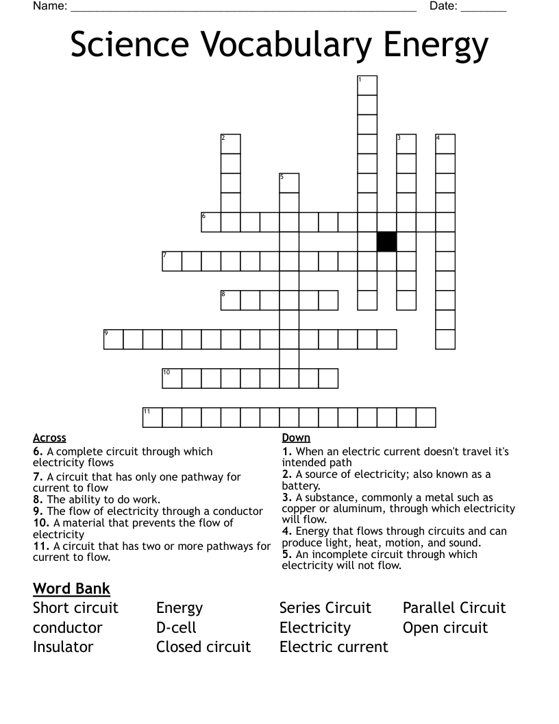 Science Vocabulary Energy Crossword