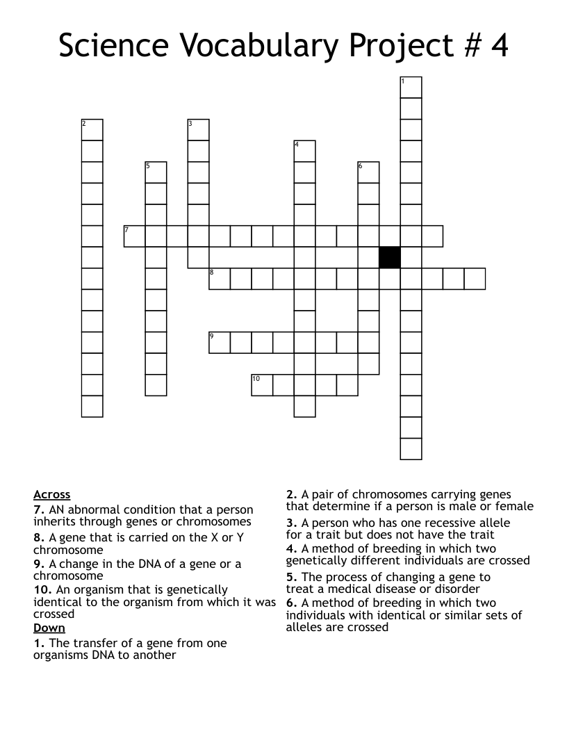 Science Vocabulary Project # 4 Crossword