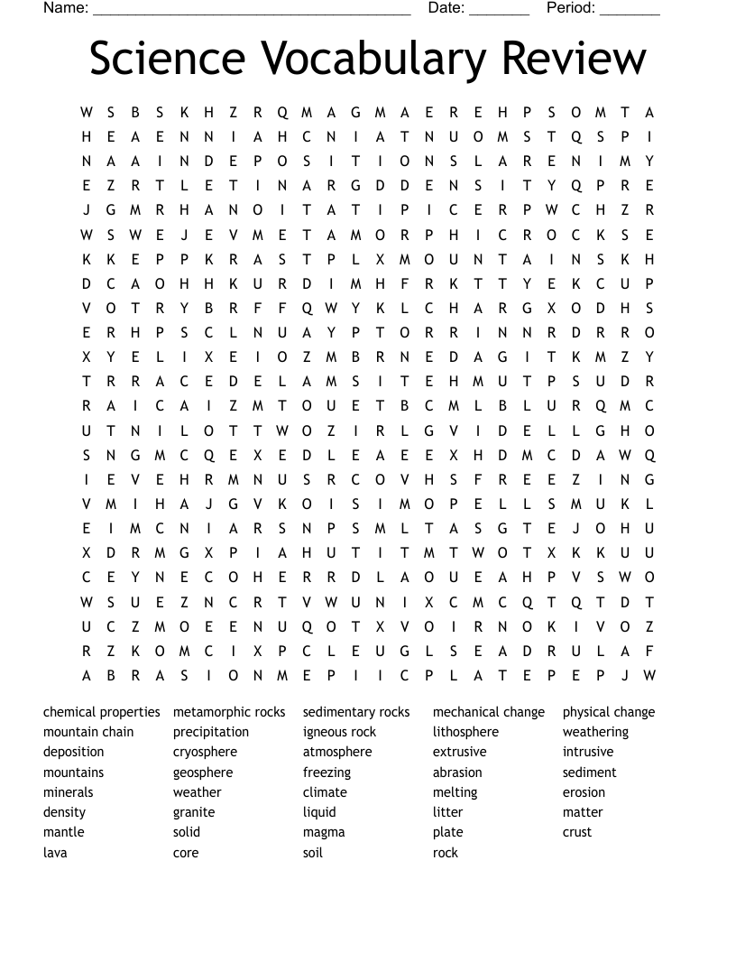 Science Vocabulary Review Word Search