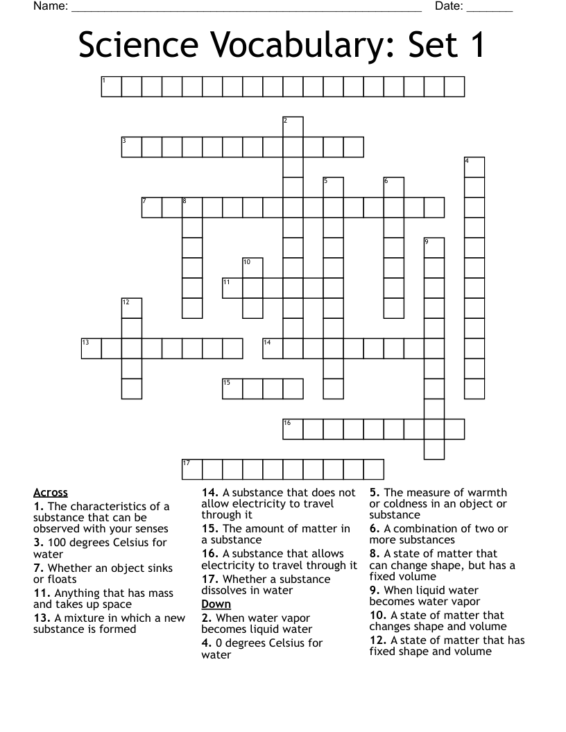 Science Vocabulary: Set 1 Crossword