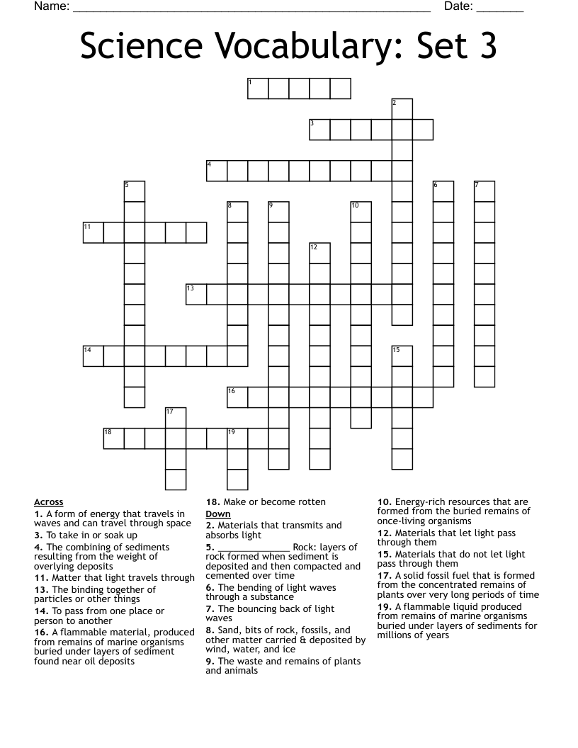 Science Vocabulary: Set 3 Crossword
