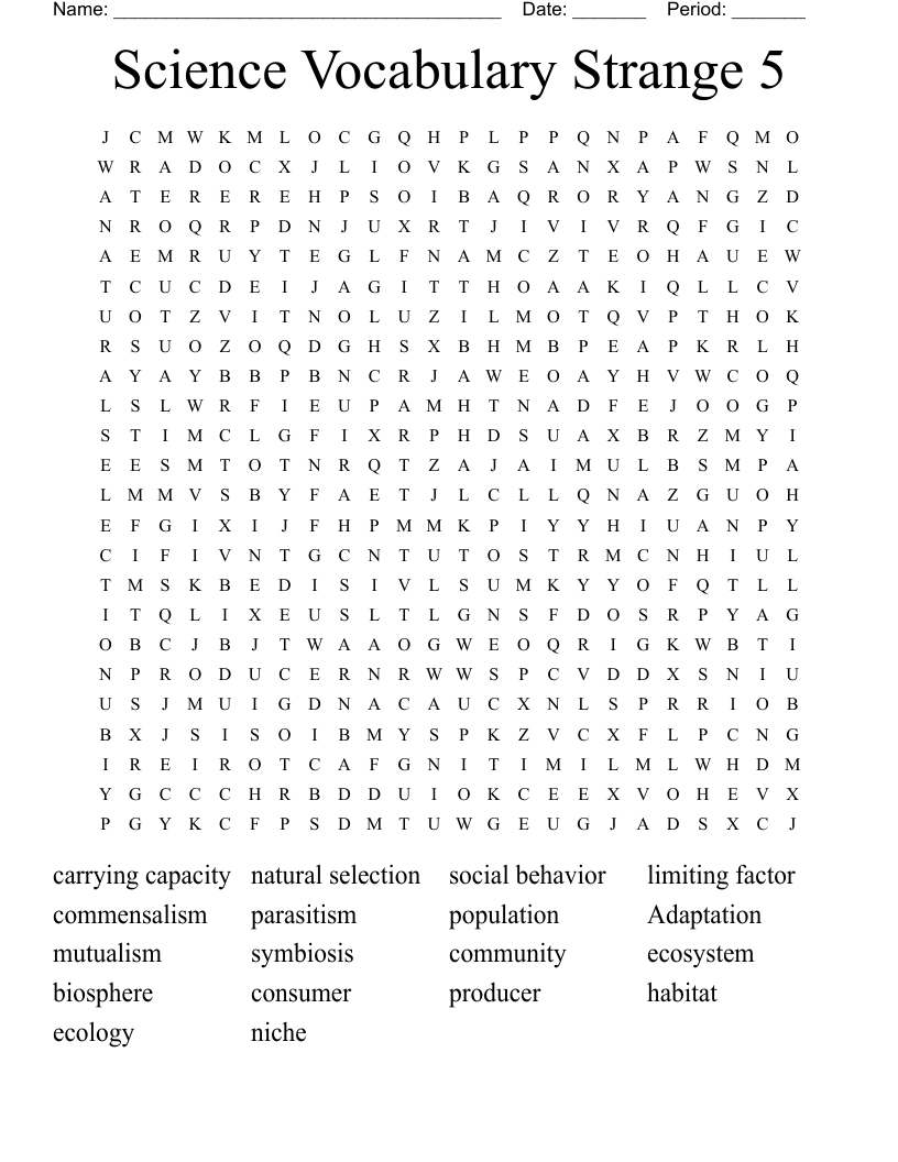 Science Vocabulary Strange 5 Word Search