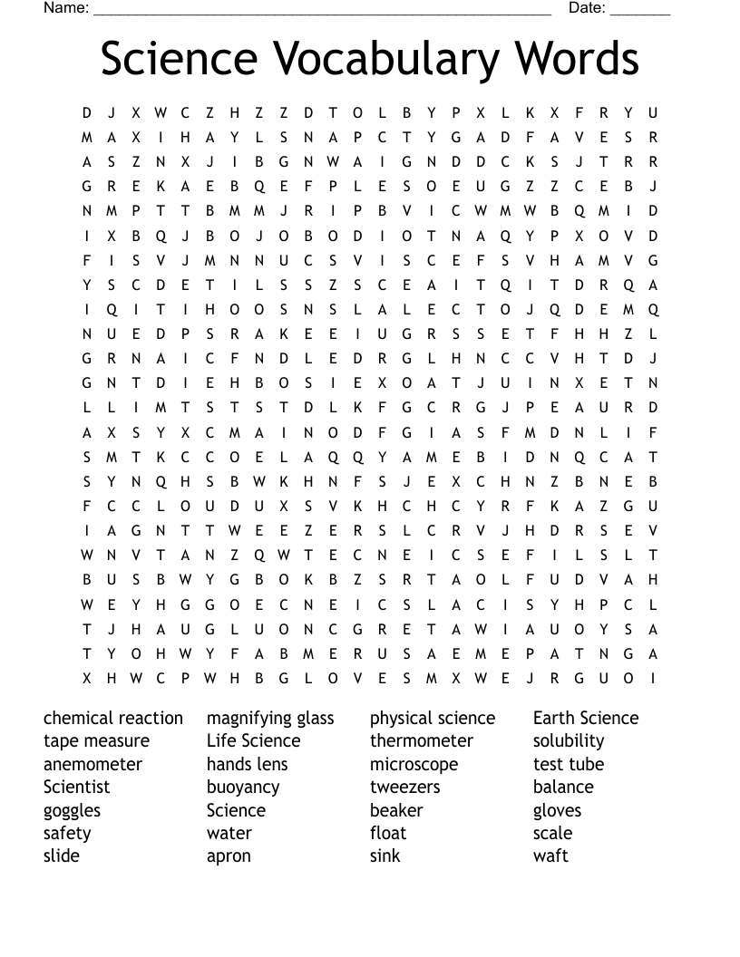 Science Vocabulary Words Word Search