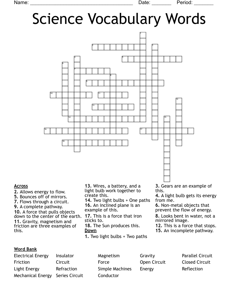 Science Vocabulary Words Crossword