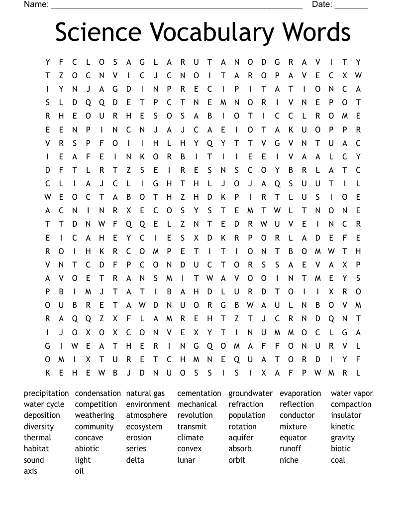 Science Vocabulary Words Word Search