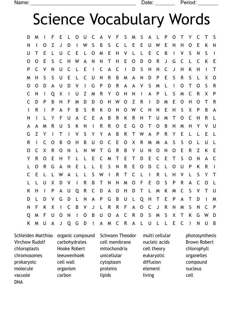 Science Vocabulary Words Word Search