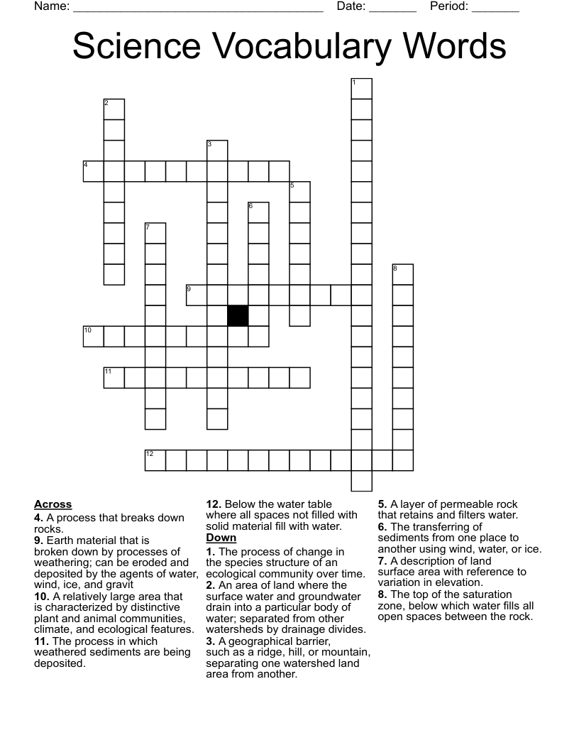 Science Vocabulary Words Crossword