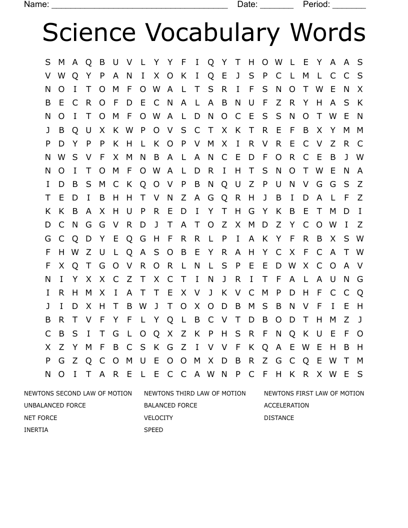 Science Vocabulary Words Word Search