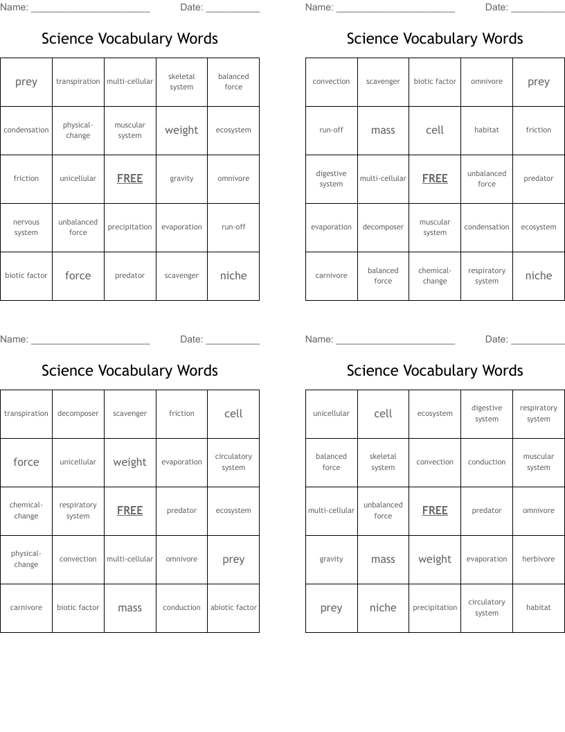Science Vocabulary Words Bingo Cards