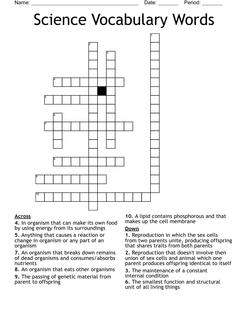 Science Vocabulary Words  Crossword