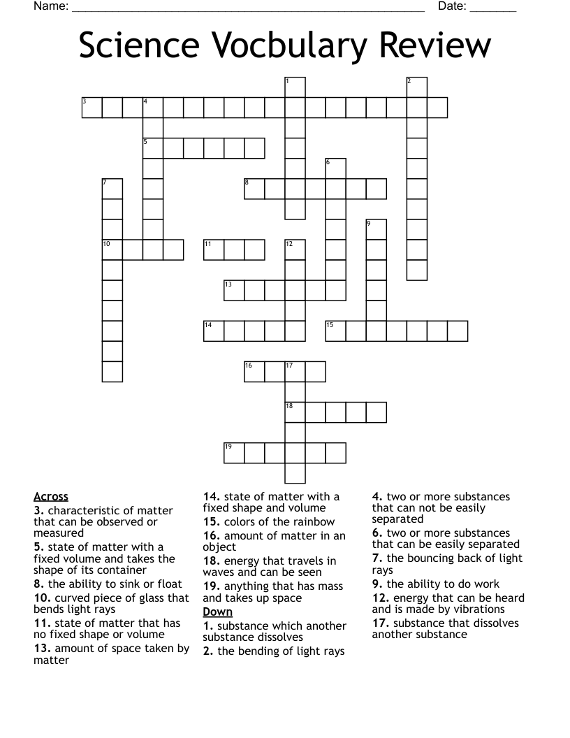 Science Vocbulary Review Crossword