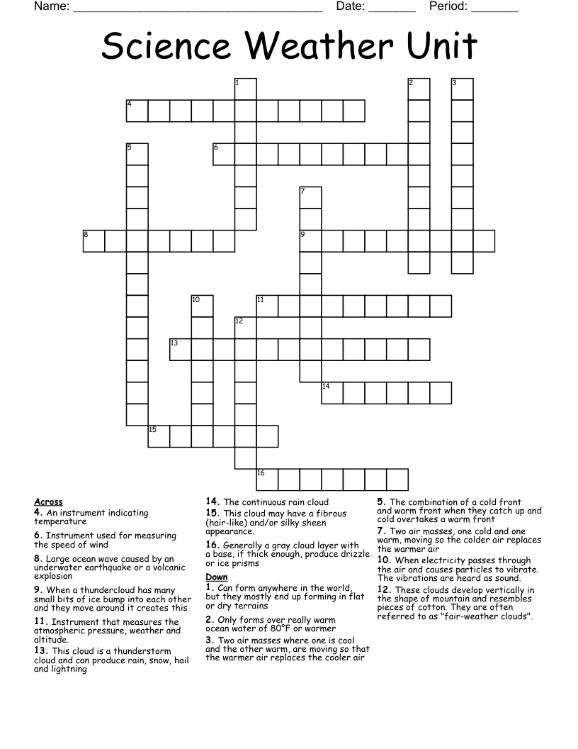 Science Weather Unit Crossword