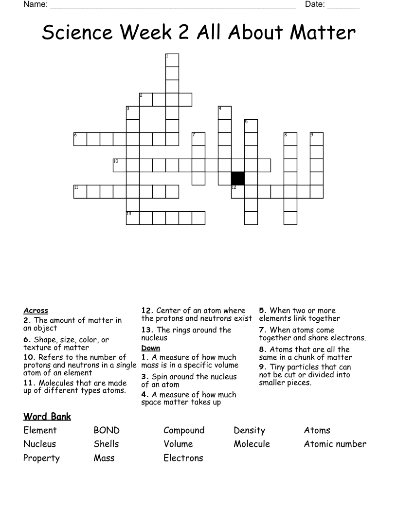 Science Week 2 All About Matter Crossword