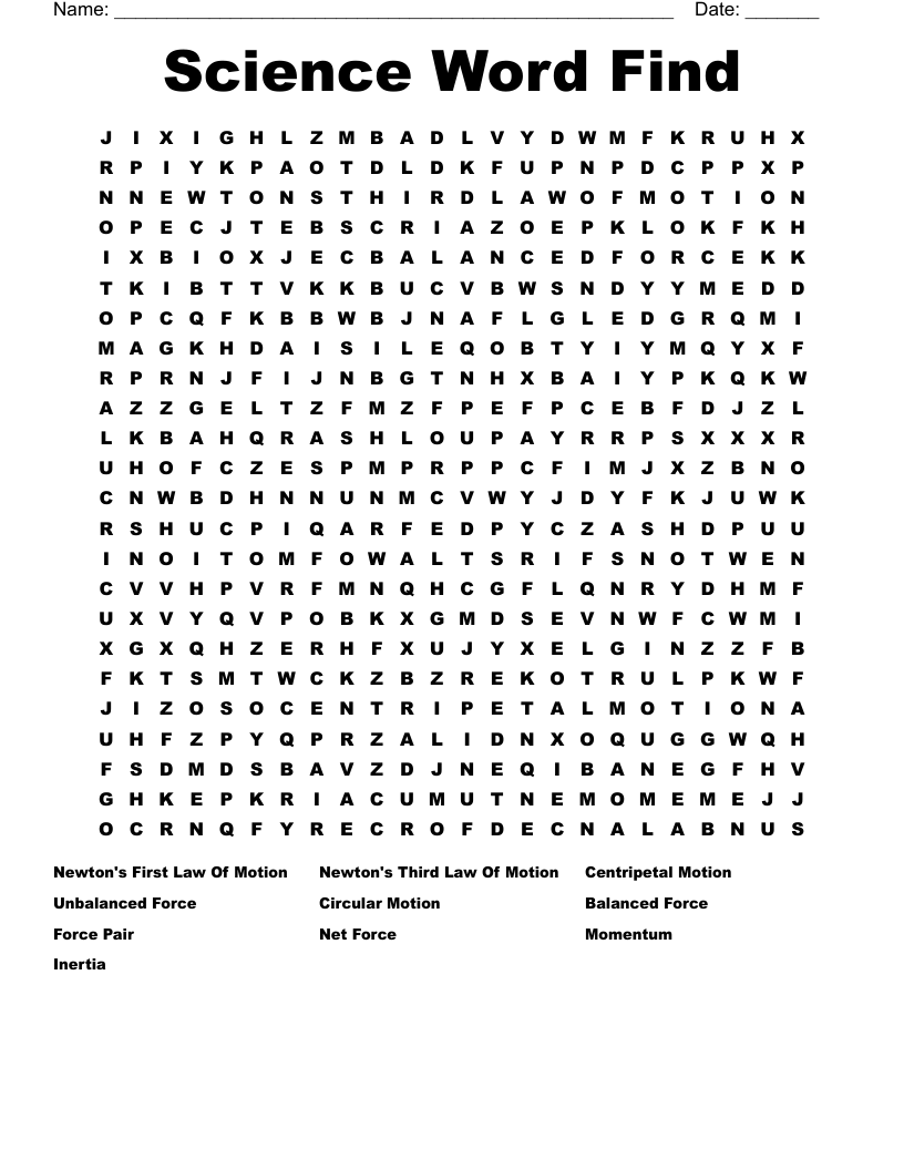 Science Word Find Word Search