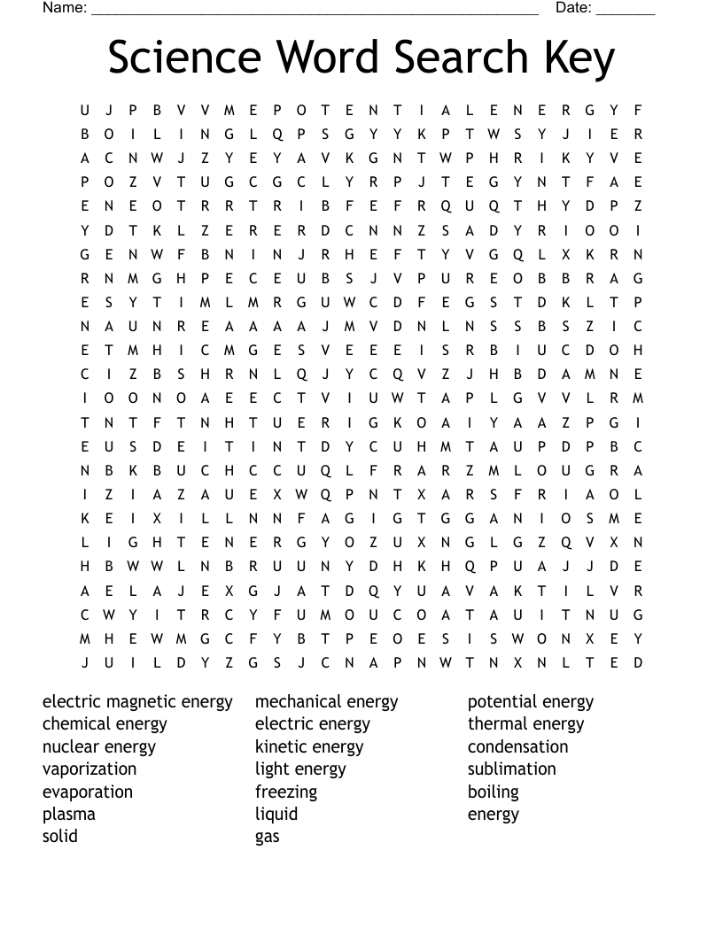 Science Word Search Key