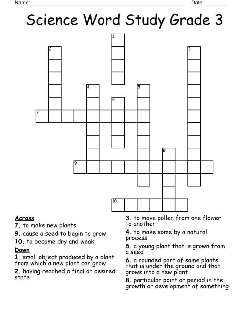 Science Word Study Grade 3 Crossword