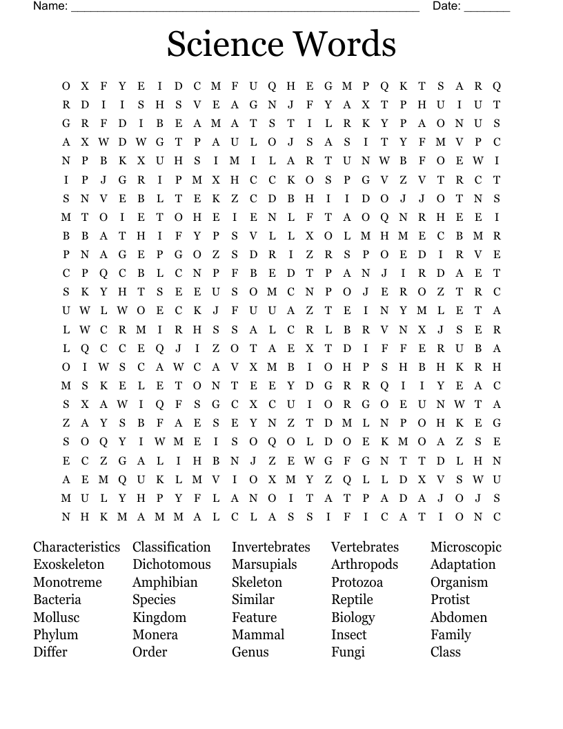 Science Words Word Search