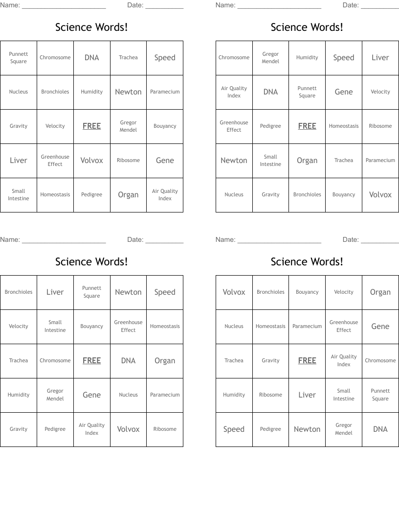Science Words! Bingo Cards