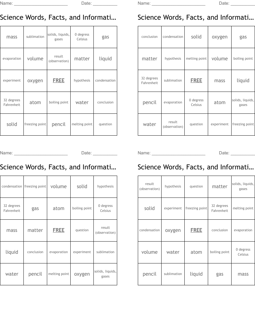 Science Words, Facts, and Information Bingo Cards
