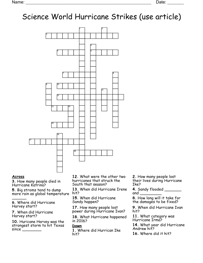 Science World Hurricane Strikes (use article)  Crossword