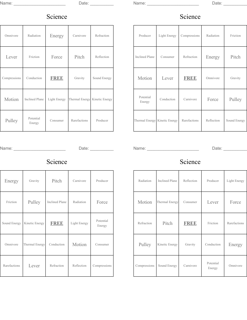 Science  Bingo Cards