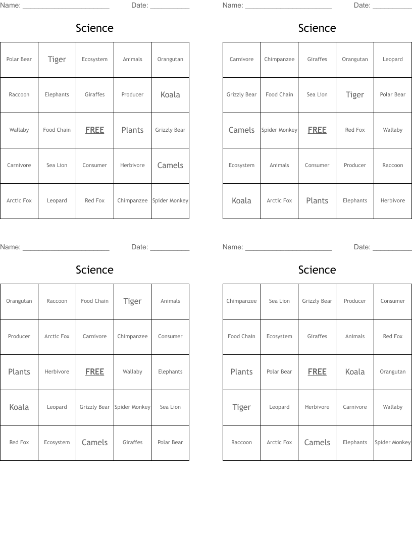 Science  Bingo Cards