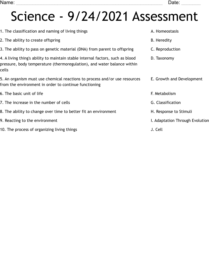 Science - 9/24/2021 Assessment Worksheet