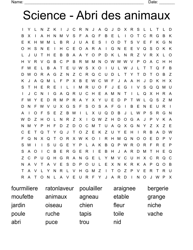 Science - Abri des animaux Word Search