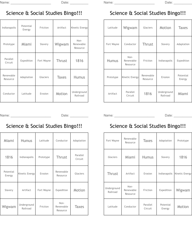 Science & Social Studies Bingo!!!