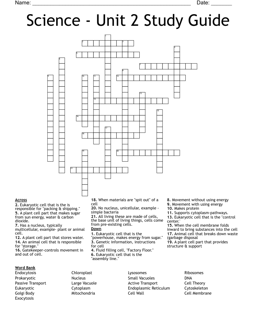 Science - Unit 2 Study Guide Crossword