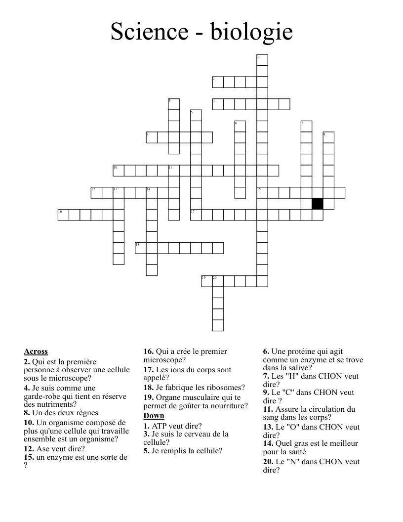 Science - biologie  Crossword
