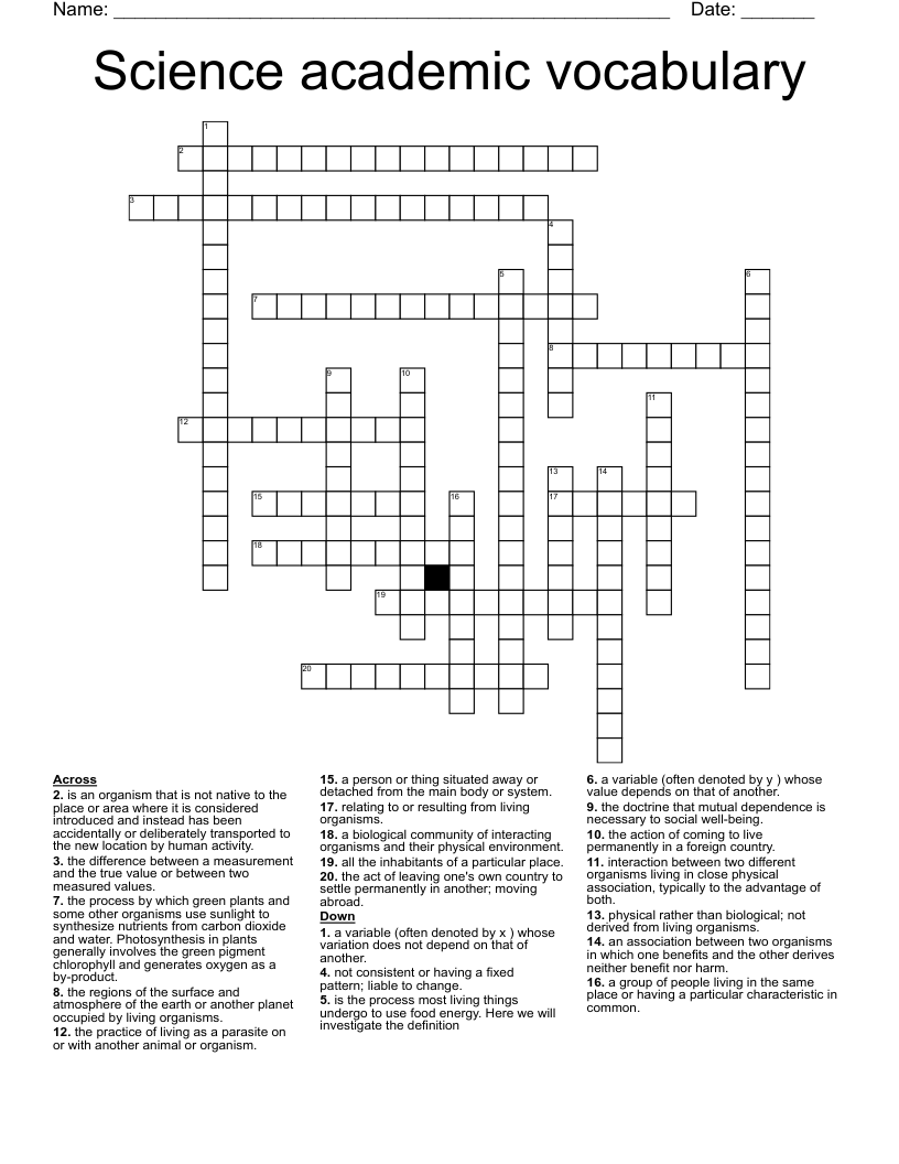 Science academic vocabulary Crossword